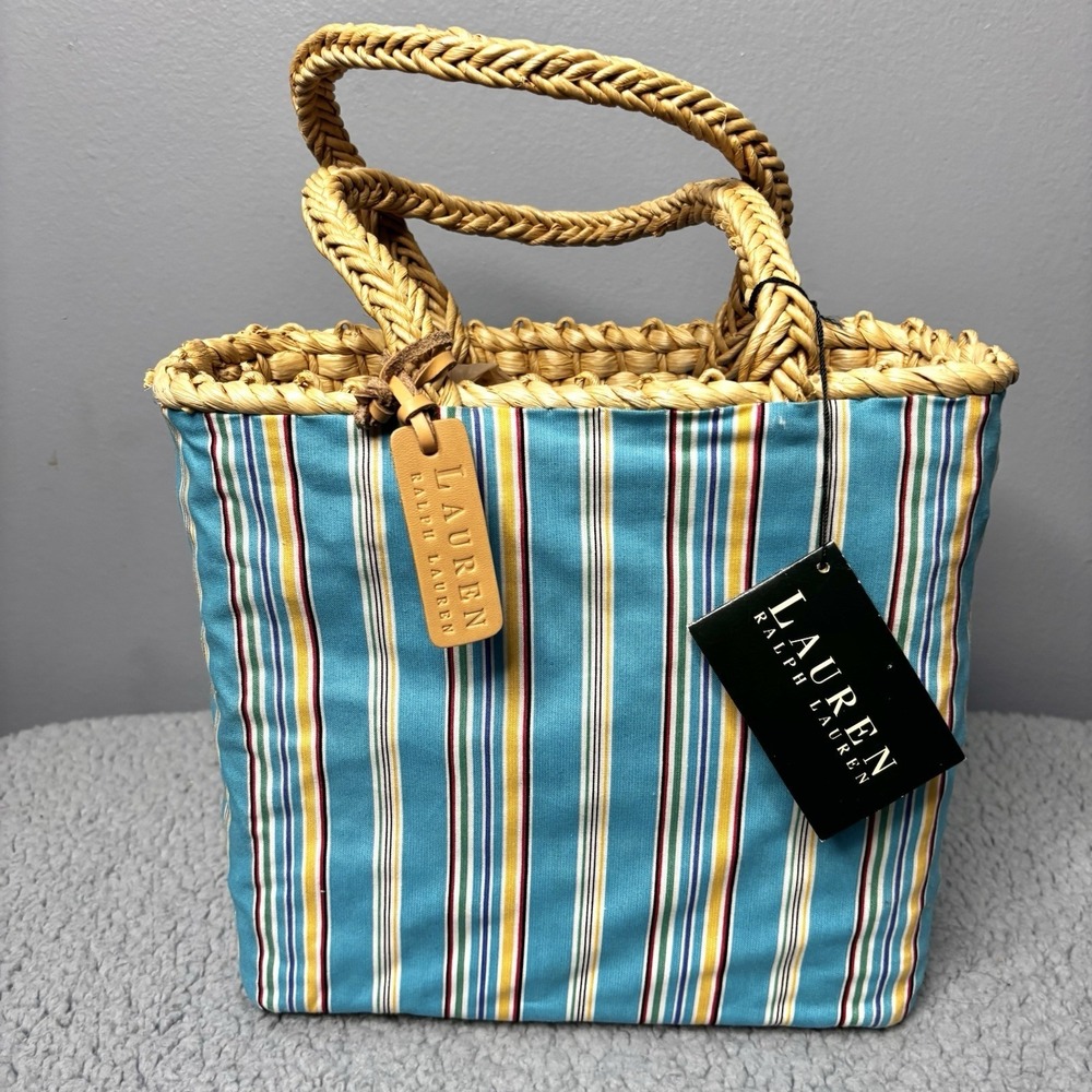Lauren Ralph Lauren Tote Bag Blue Striped Fabric Straw Handle Vacation Beach